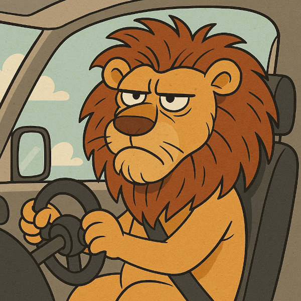 Frustrated lion in car